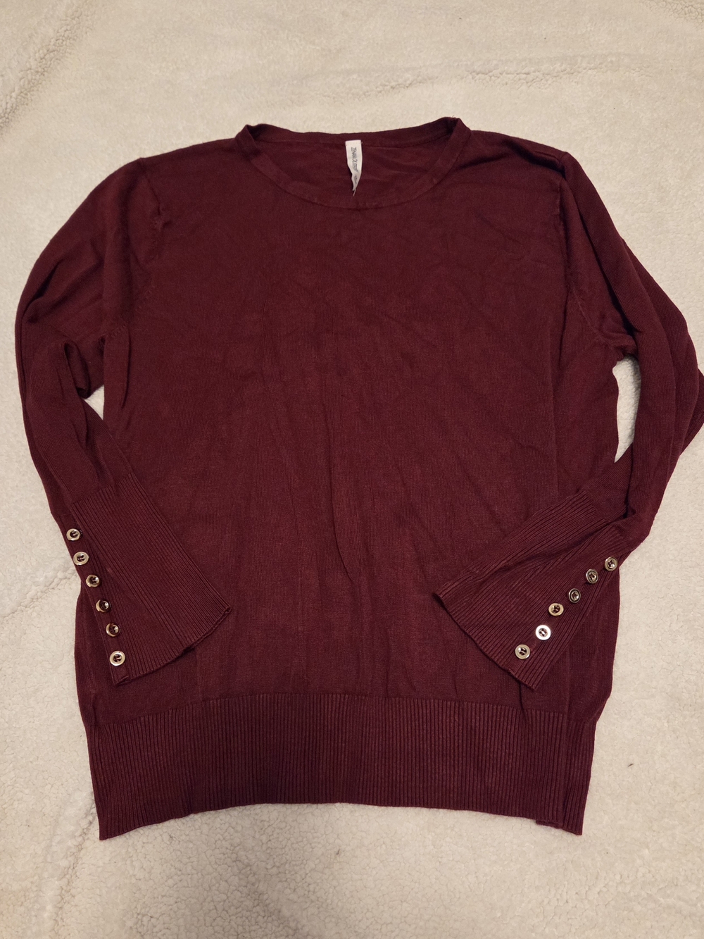 Zenana Outfitters Burgundy Crewneck Sweater with Button Cuffs